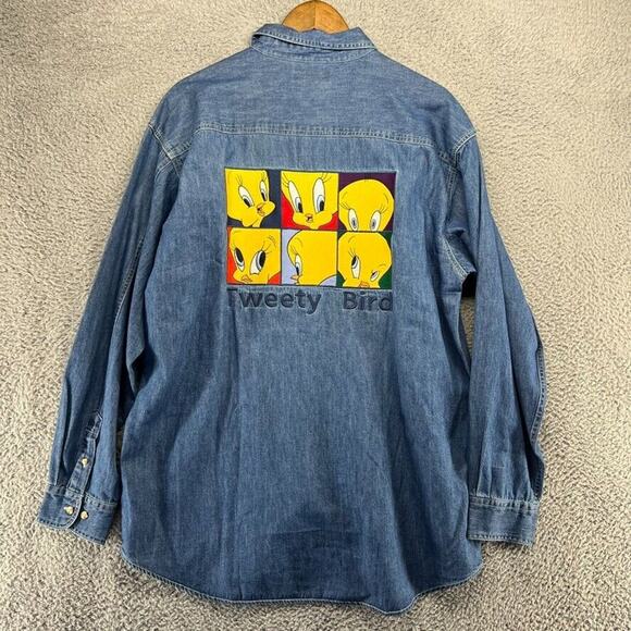 Vintage Tweety Bird Shirt Men's Large Blue Denim Colorful Embroidered 90s Logo - Picture 1 of 8